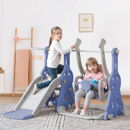 Anajqaqia 4-in-1 Children's Slide and Swing Set with Climbing Ladder & Basketball Hoop, Indoor Outdoor Toddler Play Centre, Blue