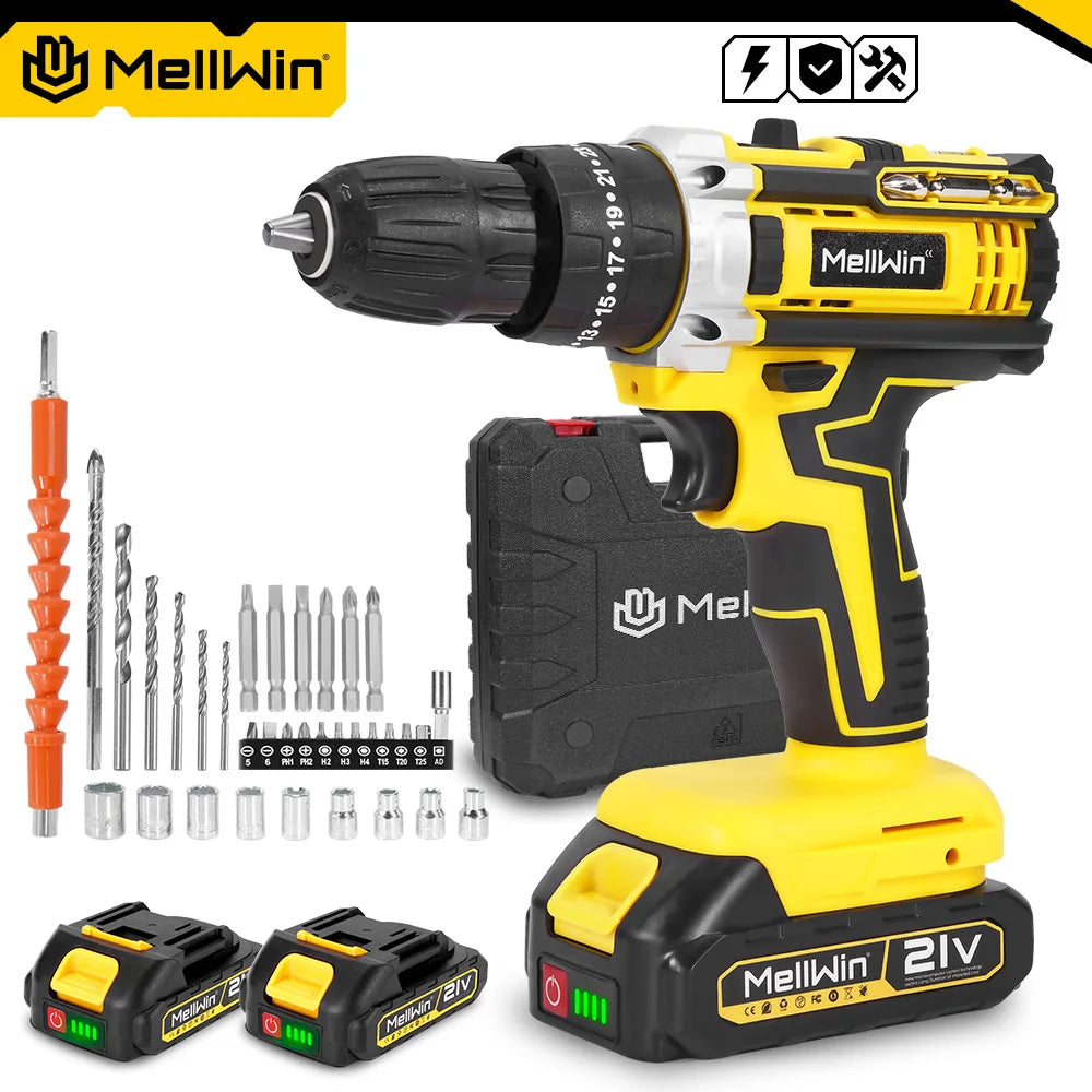 MELLWIN 25+3 Torque Electric Impact Drill 2 Speed Adjustable Cordless Electric Screwdriver Power Tool For Makita 18V Battery Pin