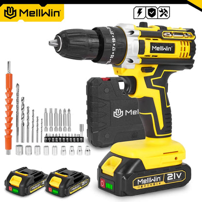 MELLWIN 25+3 Torque Electric Impact Drill 2 Speed Adjustable Cordless Electric Screwdriver Power Tool For Makita 18V Battery Pin