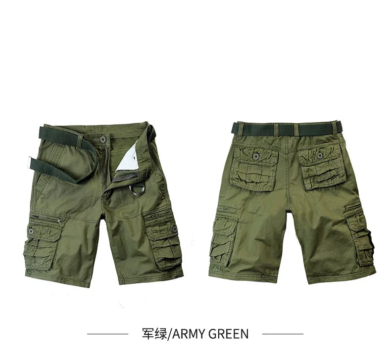 2026 Summer Men's Cotton Cargo Shorts Multi-Pocket Casual Short Pants Male Hiking Loose Solid Jogging Shorts No Belt Plus Size