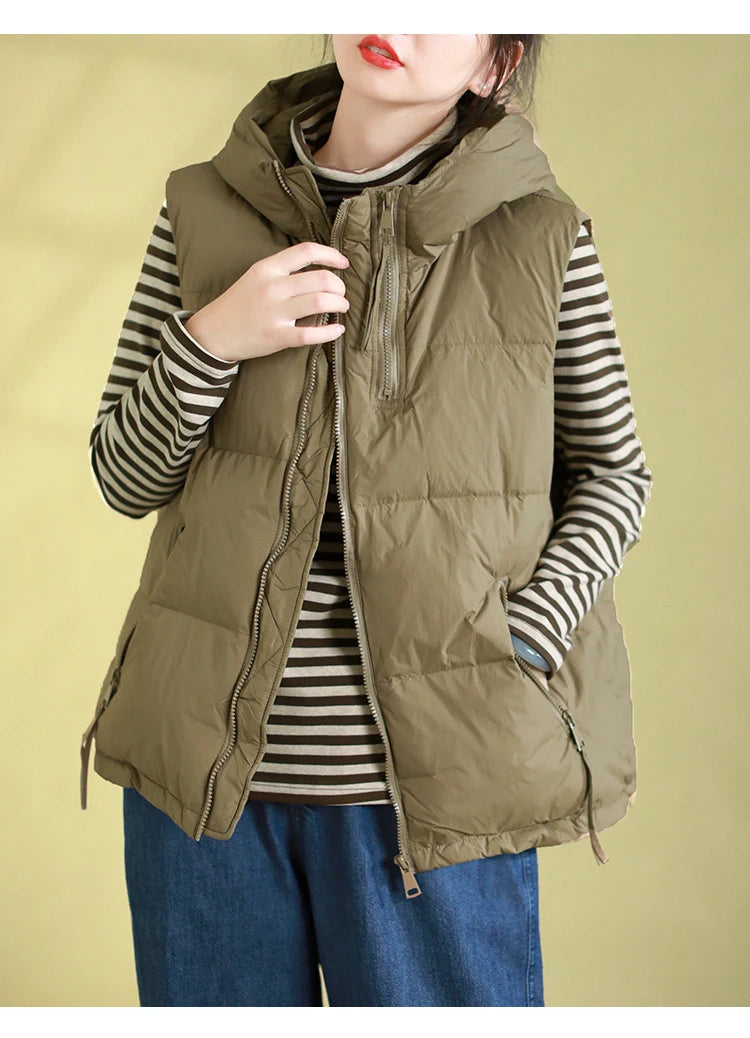 Schinteon Women 90% White Duck Down Vest with Hood Autumn Winter Over Size Casual Sleeveless Jacket Top Fashionable Gilet 2026