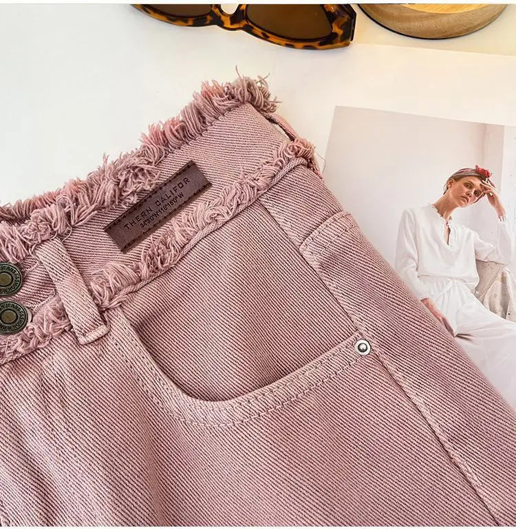 Korean Style Pink Jeans Women Spring Autumn High Waist Raw Edge Straight Denim Pants Simple Gentle All-matched Wide Leg Pants