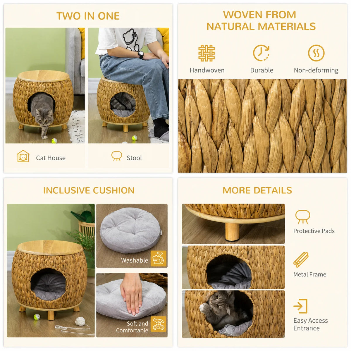 Cat cave with a soft washable cushion, featuring a natural light brown and grey design, it provides cats with a cozy hideaway while doubling as a sturdy stool and elegant home decor piece