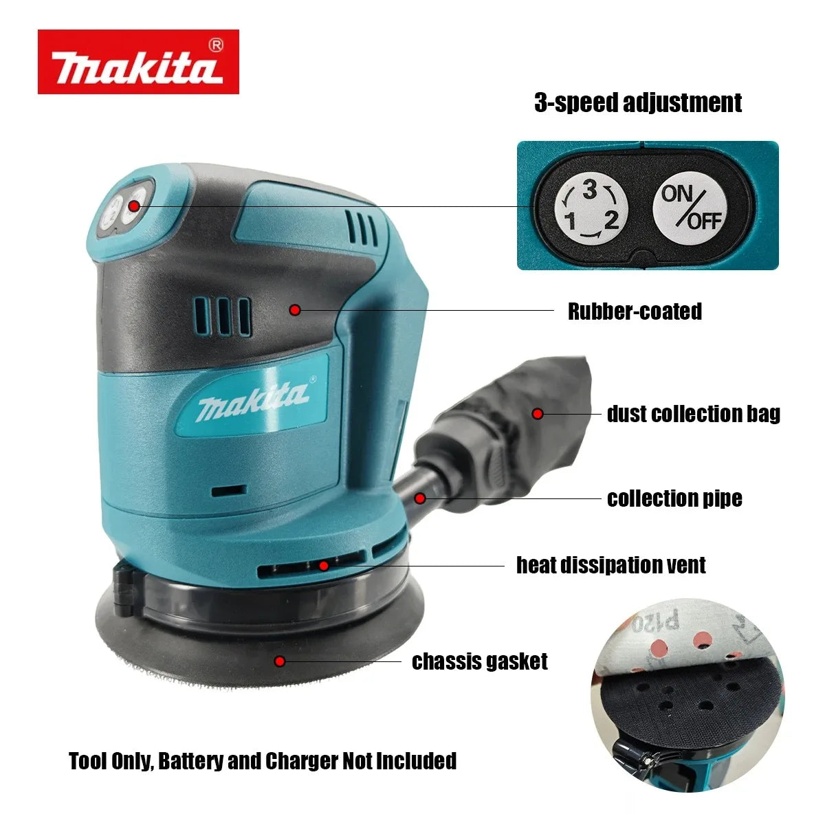 Original Makita DBO180Z 18V Cordless Random Orbital Sander for Woodworking Putty Polishing DIY and Professional Use Bare Tool