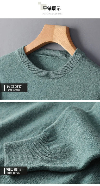 Classic Solid Color Men's O-neck Sweater Autumn Winter 100% Merino Wool Knitted Pullover Long Sleeve Warm Loose Casual Men Tops