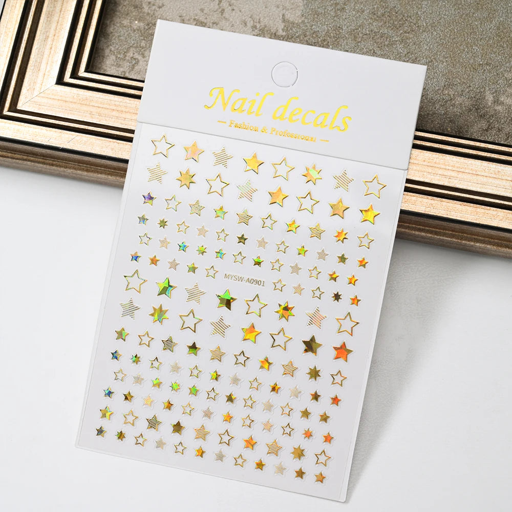 Black White Star 3D Nail Art Sticker Y2K Pentagram Self-Adhesive Decals Laser Shiny Glitters Starlight Manicure Ornaments Slider