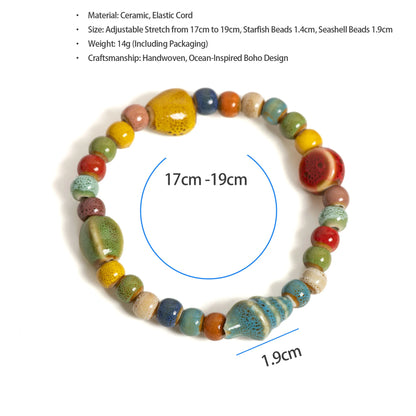 Handmade Colorful Starfish & Seashell Ceramic Beaded Bracelet Boho Beach Jewelry Elastic Wristband for Women & Teens S001186