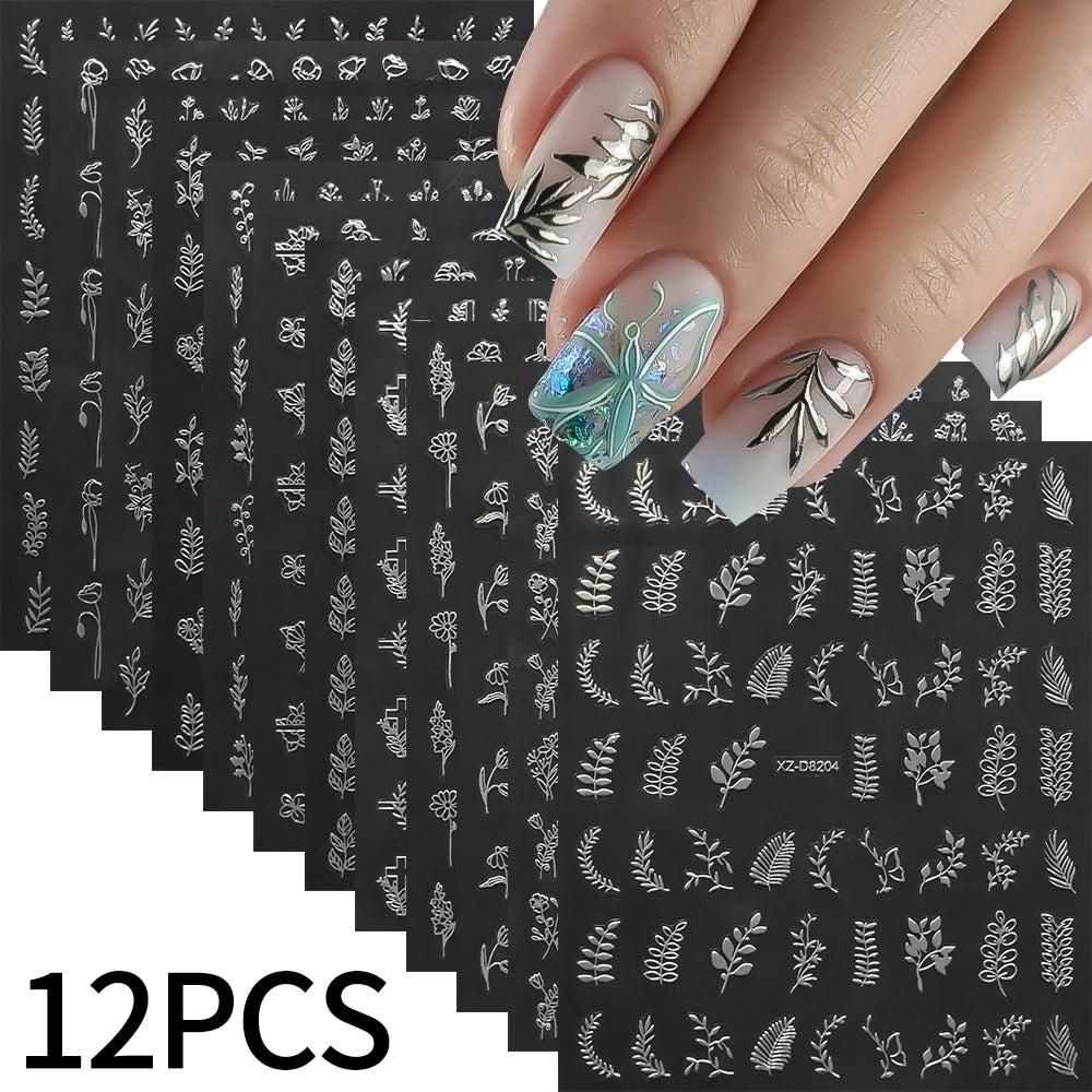 12pcs/set 3D Shiny Leaf Flower Nail Art Sticker Laer Gold Bronzing Leaves Nail Decals 8*10cm Self-Adhesive Nail Art Supplies e5#