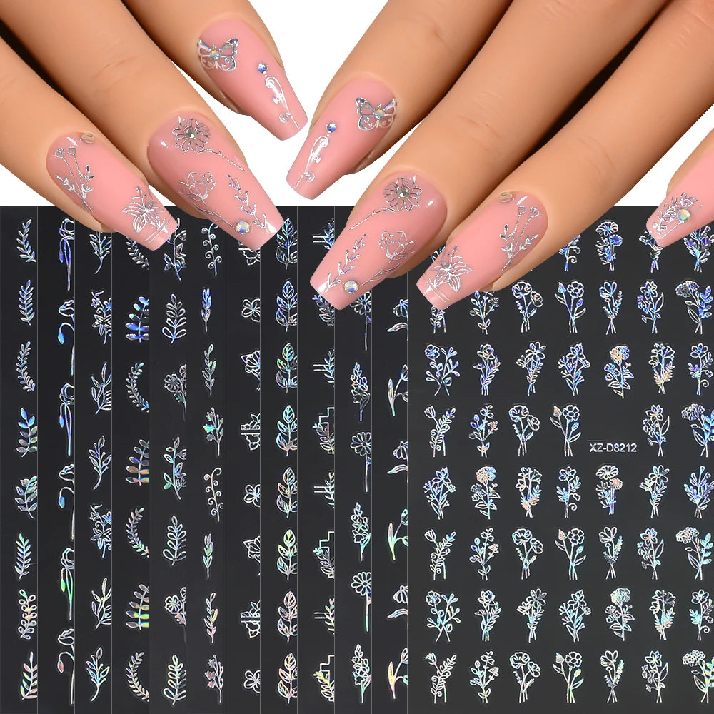 12pcs/set 3D Shiny Leaf Flower Nail Art Sticker Laer Gold Bronzing Leaves Nail Decals 8*10cm Self-Adhesive Nail Art Supplies e5#