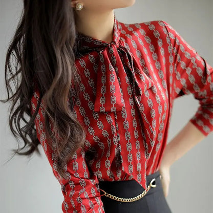 Harajuku Vintage New Fashion Scarf Neck Long Sleeved Women's Blouse Printed Shirt Casual Loose Youth Tops Elegant Female Clothes