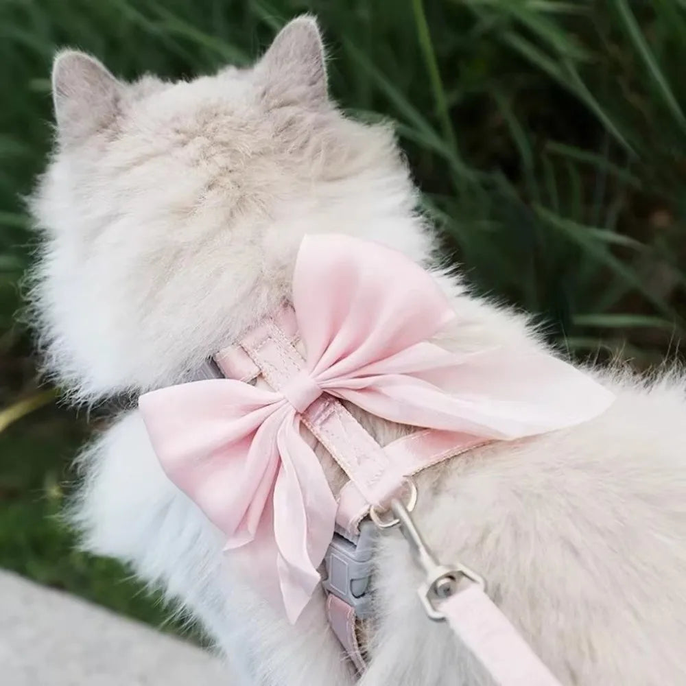 Cute Adjustable Bowknot Cat Harness Leash Escape Proof Shiny Bowknot Pet Harness Traction Rope Pet Decoration