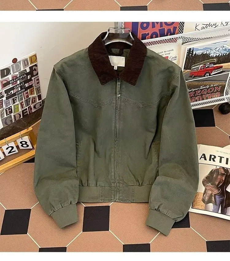 Pure Cotton Detroit Washed Jacket Men's Spring Loose Fit Collared Workwear Jacket Trendy Brand Color Block Casual Coat