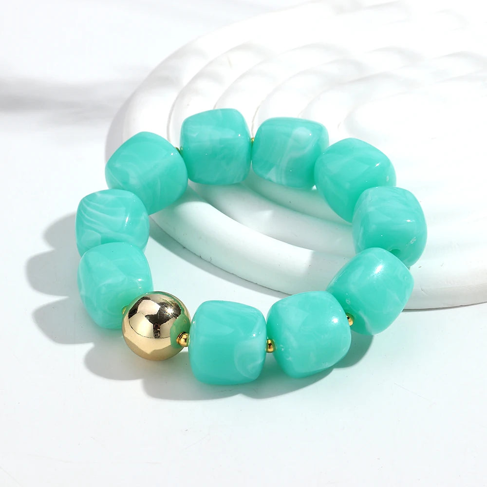 Acrylic Square Beads Elastic Bracelets for Women Boho Irregular Stone Shape Beaded Handmade Bracelet Bangle Retro Jewelry Gifts