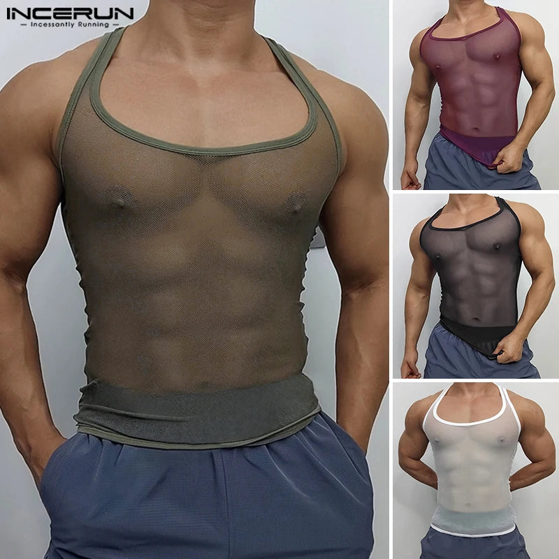 INCERUN Tops American Style Fashion Men Thin Perspective Mesh Vests Sexy Casual Streetwear Male Personality Sleeveless Tank Tops