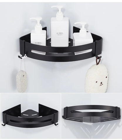 Bathroom Shelf Organizer Shower Storage Rack Black Corner Shelves Wall Mounted Aluminum Toilet Shampoo Holder No Drill