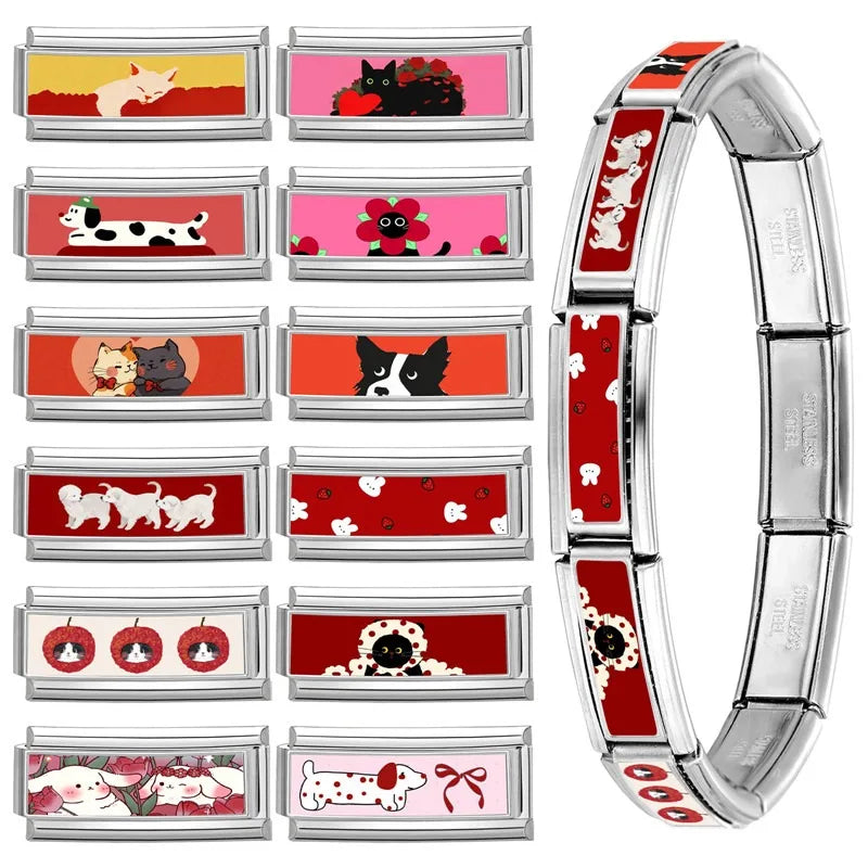 2025 New Women's Gift Cute Rabbit Cat Dogs Italian Charms Links Beads Fit 9mm Stainless Steel Modular Modular Bracelet Jewelry