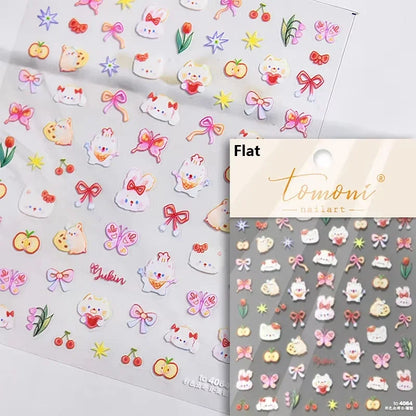 5D Cute Rabbit Love Heart Peach Blossom Flower Yellow Nail Art Stickers Bowknot DIY Self Adhesive Rhinestone Manicure Decals
