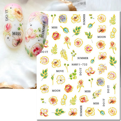 3d Nail Art Decals Elegant White RoyalBlue Roses Flowers Adhesive Sliders Nail Stickers Decoration For Nail Manicure