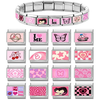 Wholesale Sweet Pink Series Stars Heart Flowers Butterfly Italian Link Fit 9mm Stainless Steel Bracelet Making DIY Charm Jewelry