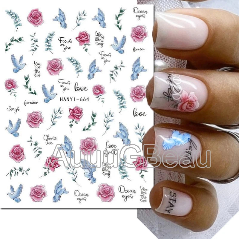 3d Nails Art Decals Spring Fruits Pink Full Tips Peony Magnolia Flowers Adhesive Sliders Stickers Decoration For Nails Manicure