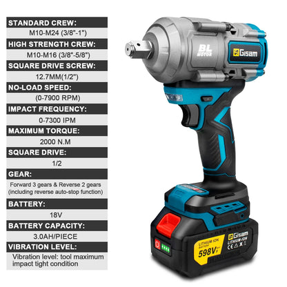 Gisam 2000N.M Brushless Electric Impact Wrench 1/2 inch Cordless Screwdriver Drill 3Gear Electric Wrench Power Tool For Makita 18V Battery Pin