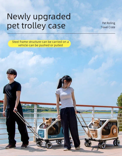 Foldable Large Pet Stroller with Telescopic Handle&Silent Wheels,Breathable Mesh Pet Trolley Cart for Medium Pet Outdoor Travel