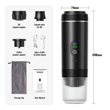 DENOKIN 3-in-1 Capsule Coffee Maker With Digital Display Portable Espresso Coffee Machine for Car & Home Camping Coffee Maker