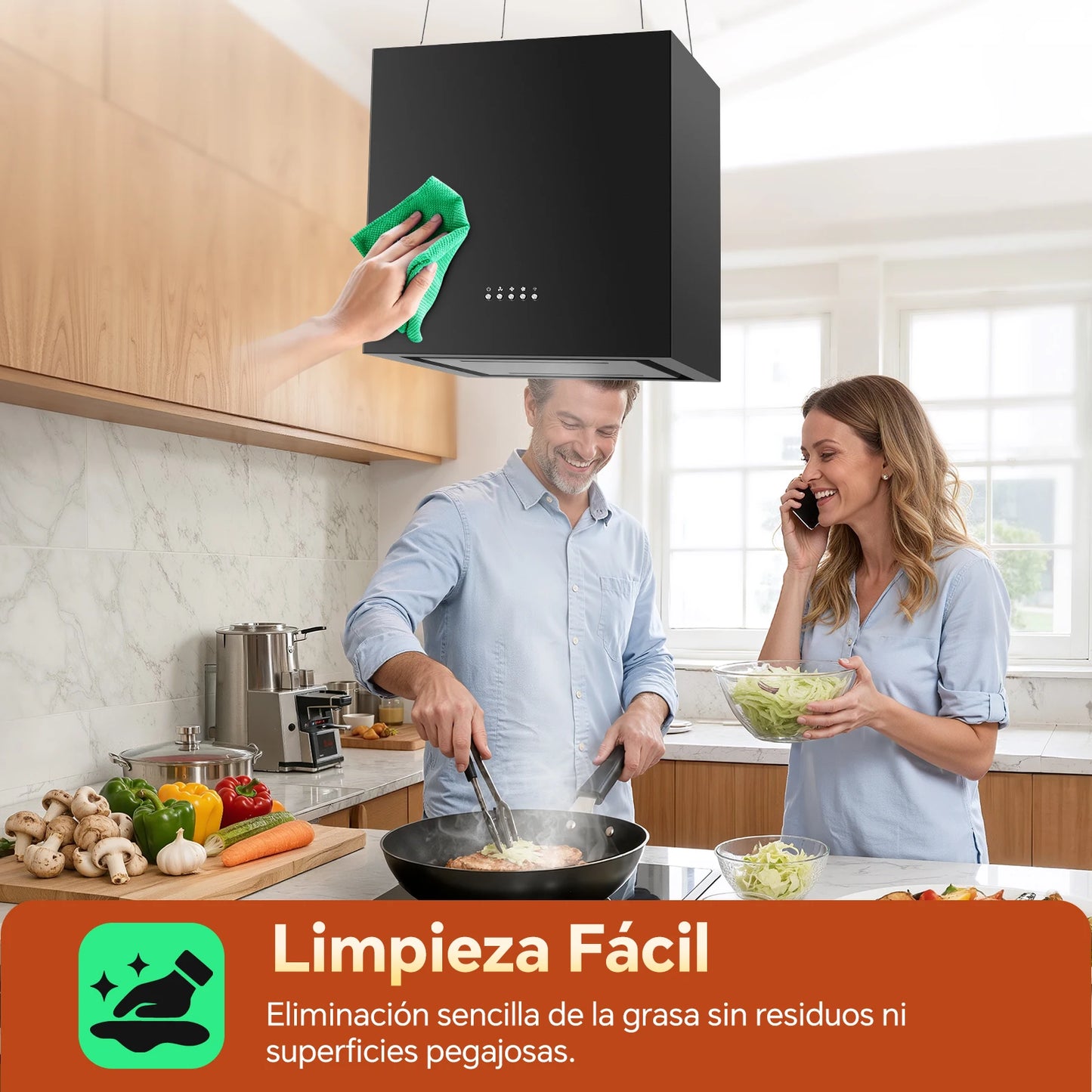 Island Hood 700/800m³/h, A+ Energy, 5-Layer Filter, LED, Ductless, Black, CE, Push Button