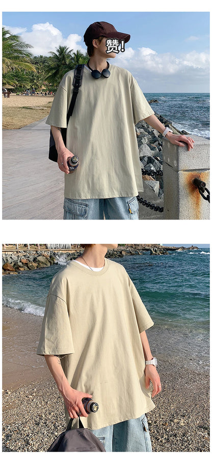 Oversized Summer Short Sleeve Men's T Shirt New Fashion Solid Loose O-Neck T Shirts Mens Cotton Hip Hop Streetwear Top Tees 5XL