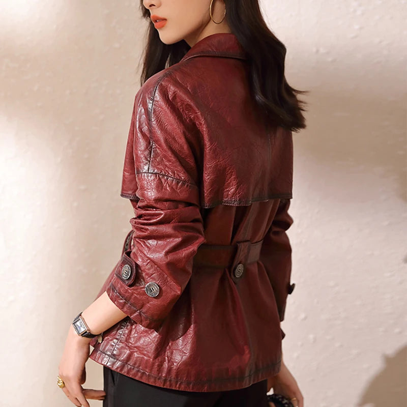 Roupas Femininas Autumn Women Suit Collar Lace-up Waist Oil Wax Sheepskin Gabardina Mujer Vintage Red Short Leather Trench Coat