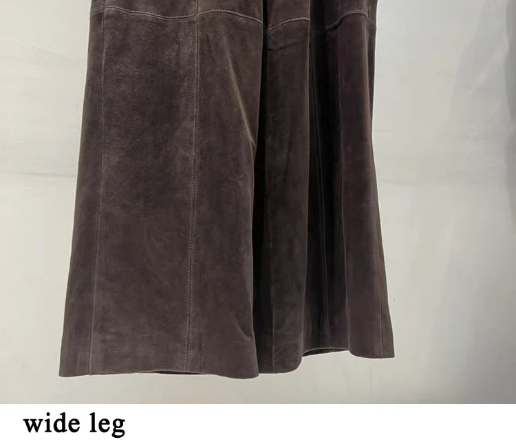 Retro Suede Leather Cropped Pants for Women Femae Genuine Leather Wide Leg Floor Long Trousers Straight Cylinder Spodnie Damskie