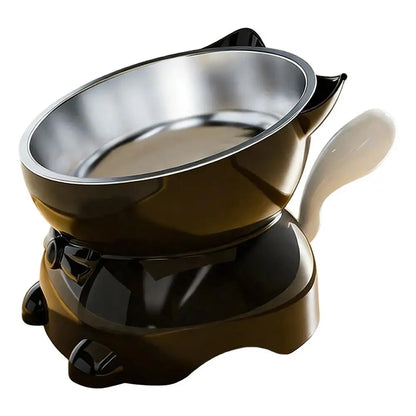 Elevated Stainless Steel Cat Bowl, Inclined Food & Water Dish with Cute Ear Stand, Neck Protection Design for Cats