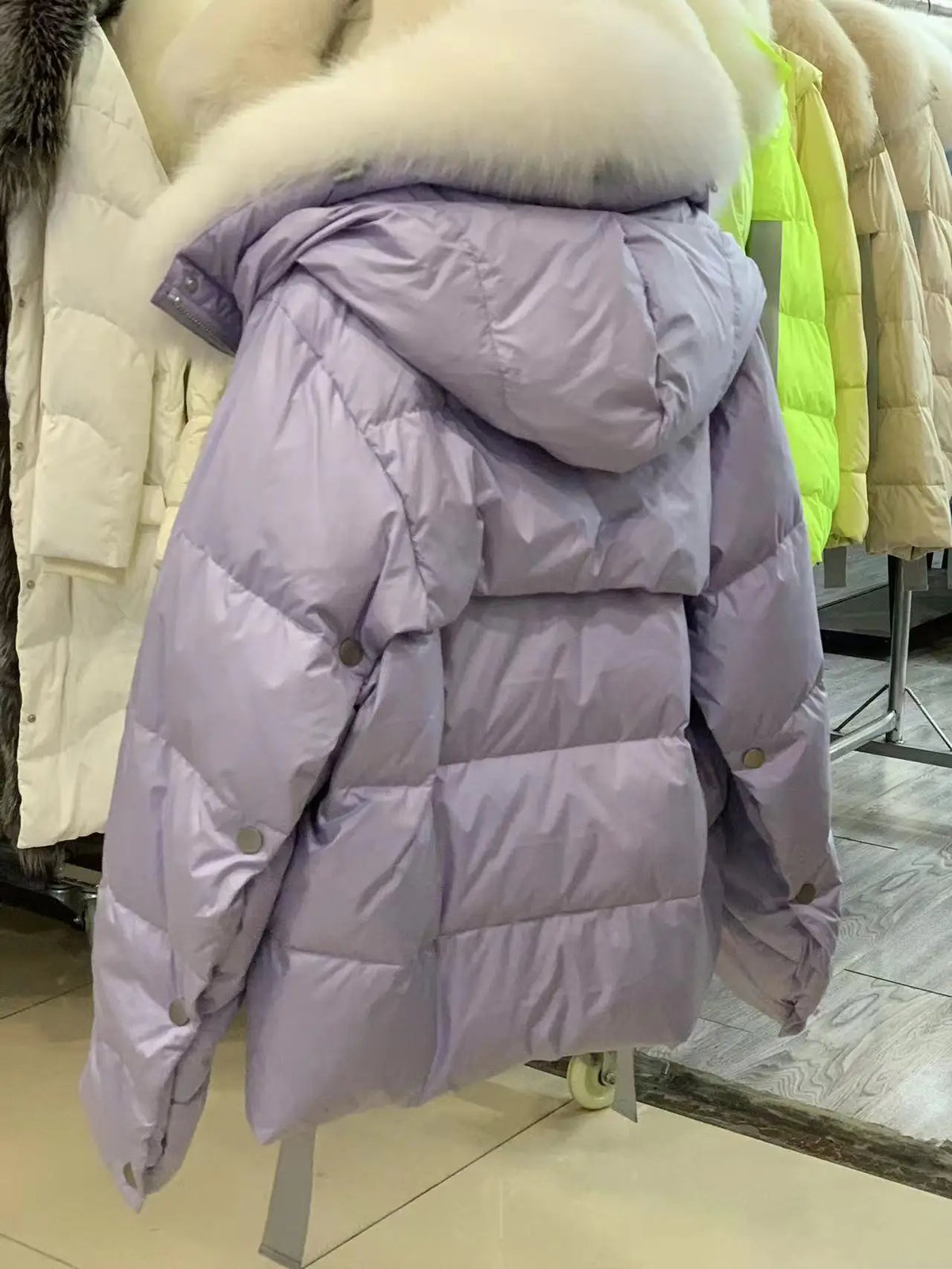 2024 Winter Women Warm Coat Oversized Real Fox Fur Collar Thick Luxury Outerwear New Fashion 90% Goose Down Jacket