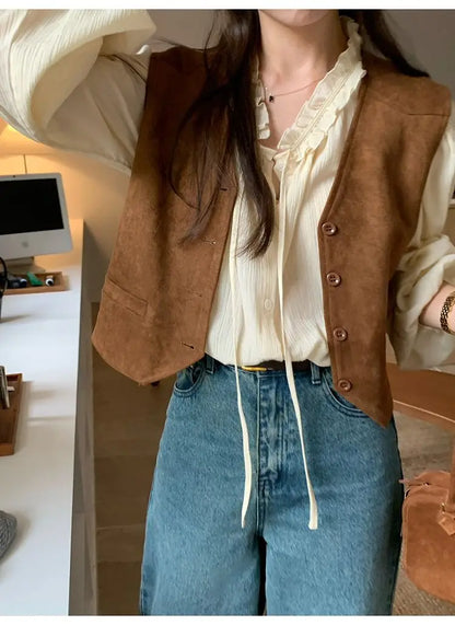 Retro Vests Women V-neck Single Breasted All-match Korean Style Spring Autumn Layering Outerwear Cozy Vintage Loose Comfortable