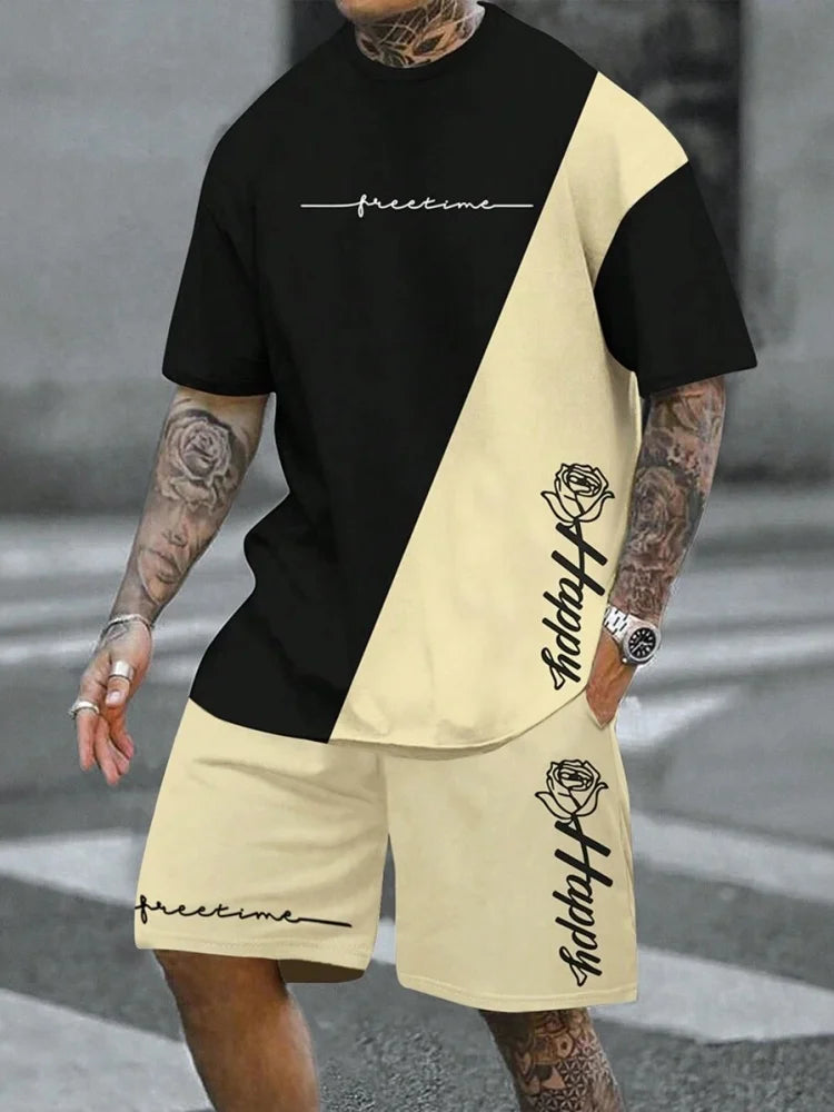 Summer Gradient Color Athletic T-Shirt and Shorts Set Stylish Men's Quick-Dry Athletic Short-Sleeve Top with Drawstring Shorts