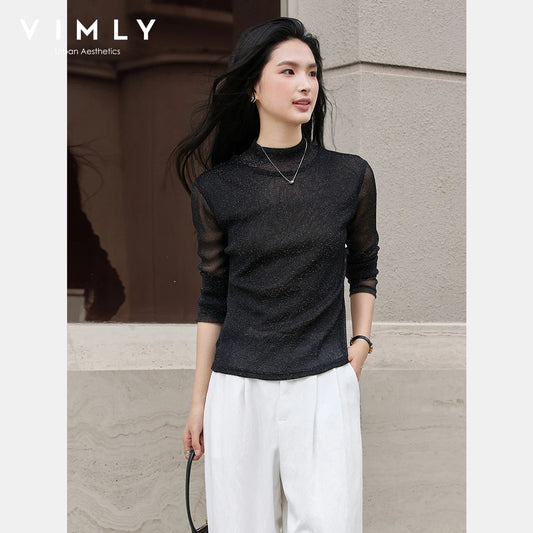 VIMLY Woman Knitting Sweater Slim Autumn 2026 Casual Female Long Sleeve Sweater Stand Neck Strecth Pullover Ladies Tops A2528