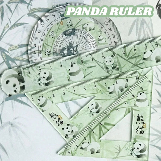 Chinese Cute Panda Bamboo Green Translucent Ruler 4-piece Set Student Plastic Straight Triangle Ruler Protractor Stationery Set