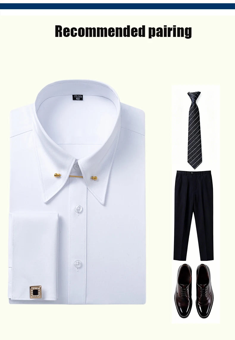 Embroidered French Cufflinks Men's Long-Sleeve Shirt with Collar Pins, Big Collar Dress Shirt for Business Formal Wear, Gentlema
