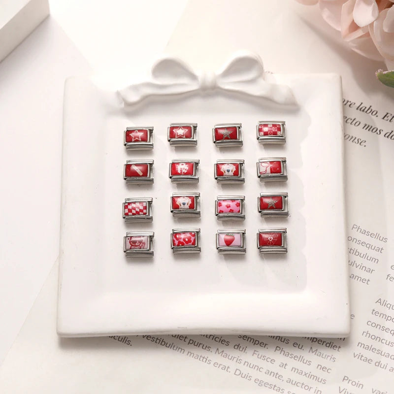 Y2K Red Pink Heart Dog Cat Flowers Italian Charm Link Fit 9mm Stainless Steel Jewelry DIY Making Bracelets For Gifts