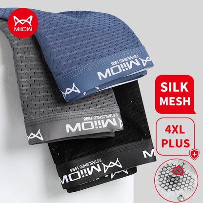 MiiOW 3Pcs Sexy Mesh Men Boxer Underwear Graphene Antibacterial Male Panties Ice Silk Underpants Breathable 4XL Boxershort 2022