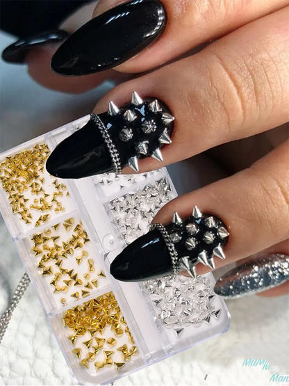 6Grids 3D Mini Punk Metal Rivet Nail Art Charms 1.5/2/3mm Gold Silver Cone Spike Studs Nails Jewels DIY Manicure Decorations ZB