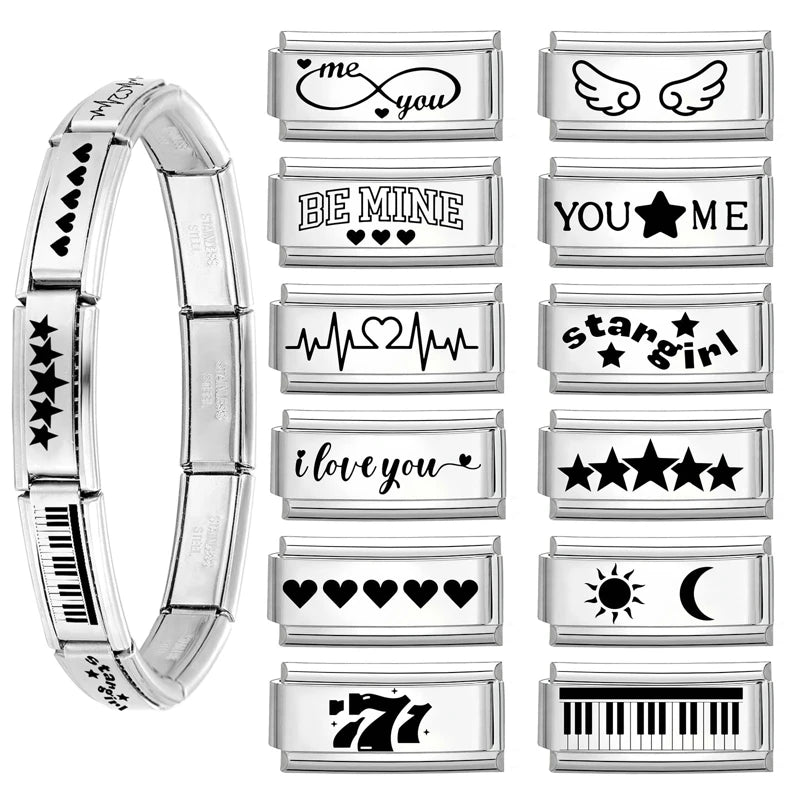 Laser Engraving Piano Heart Star Wings NO.7 Lips Italian Charm Links Fit 9mm Bracelet Stainless Steel Men Women DIY Making Gifts
