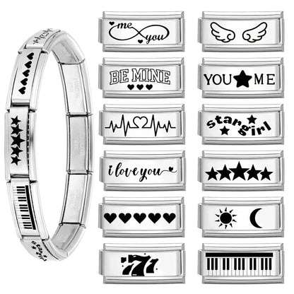 Laser Engraving Piano Heart Star Wings NO.7 Lips Italian Charm Links Fit 9mm Bracelet Stainless Steel Men Women DIY Making Gifts