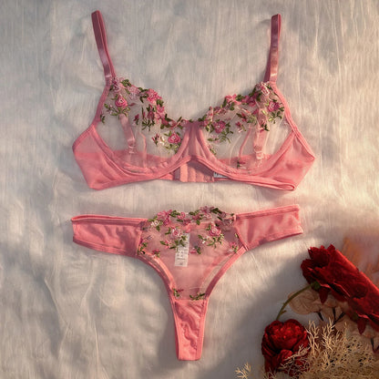 Women Sexy Lace Lingerie Push Up Lingerie Semi-Sheer Bra And Panty Sets Female Erotic Underwear Flower Embroidery Bralette Set