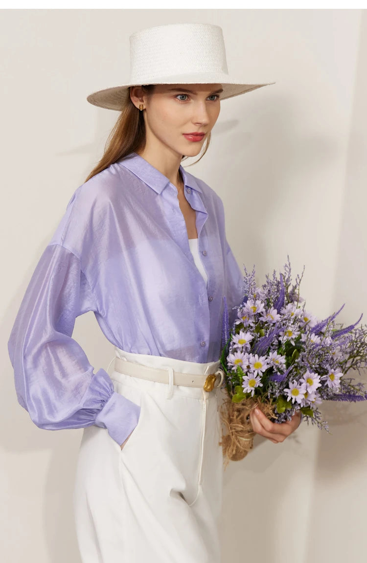 AMII Minimalist Blouse for Women 2023 Autumn Lantern Sleeve V-Neck Slightly Transparent Elegant Commuter Clothing Tops 72341030