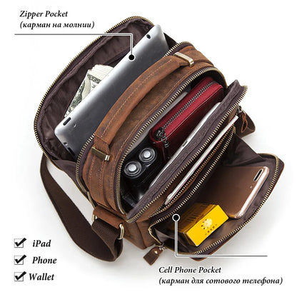HUMERPAUL Genuine Leather Men's Shoulder Bag Vintage Cross Bags Large Capacity Male Messenger Tote Bag Travel Bolso Hombres