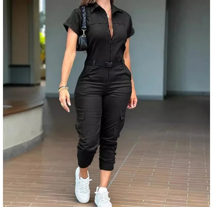 Fashion Women's Jumpsuit New Sexy Zipper Workwear Short Sleeved Lapel Multi Pocket Waistband Bodysuit Pants Female 2024 Summer
