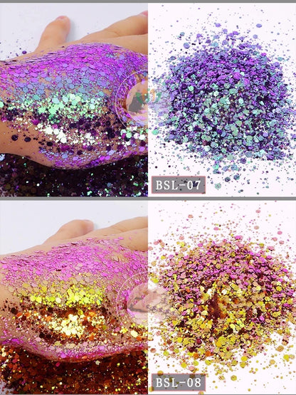 5g/BagGlitter Chameleon Nail Flakes Iridescent Chameleon Nail Powder Holographic Laser Colorful Nail Sequins 120 Colors Mix Size