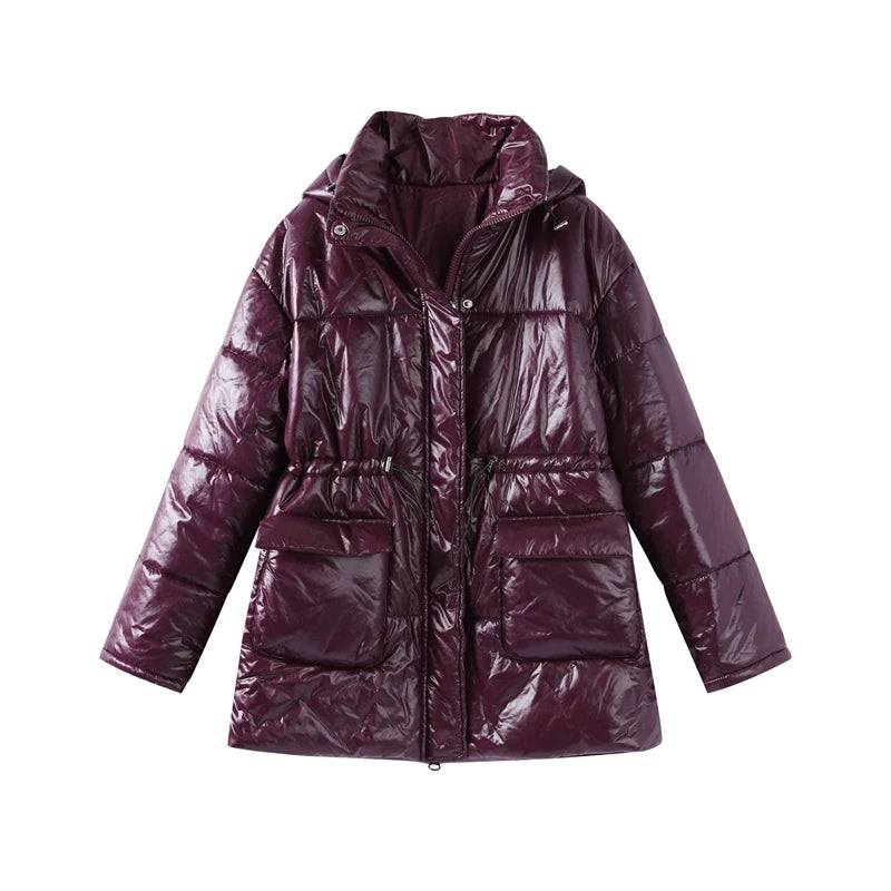 Vintage Zipper Cotton Coat Women Hooded Full Sleeve Pockets Drawstring Overcoats 2025 Winter New Lady Fashion Warm Streetwear