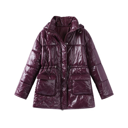 Vintage Zipper Cotton Coat Women Hooded Full Sleeve Pockets Drawstring Overcoats 2025 Winter New Lady Fashion Warm Streetwear